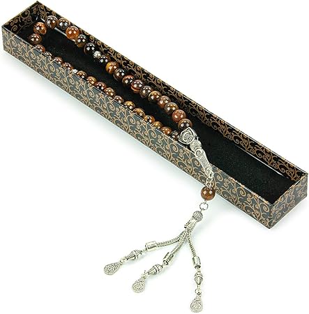 مسبحة إسلامية (8 مم – 33 حبة)، مسبحة إسلامية من الحجر الطبيعي، هدية رمضان، مسبحة إسلامية من عين النمر، لون بني.