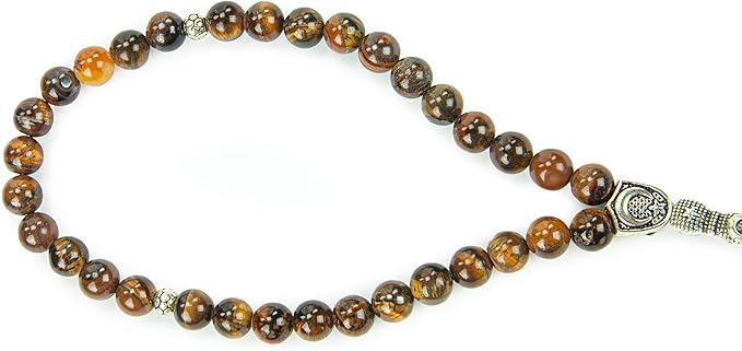 مسبحة إسلامية (8 مم – 33 حبة)، مسبحة إسلامية من الحجر الطبيعي، هدية رمضان، مسبحة إسلامية من عين النمر، لون بني.