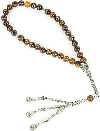 مسبحة إسلامية (8 مم – 33 حبة)، مسبحة إسلامية من الحجر الطبيعي، هدية رمضان، مسبحة إسلامية من عين النمر، لون بني.