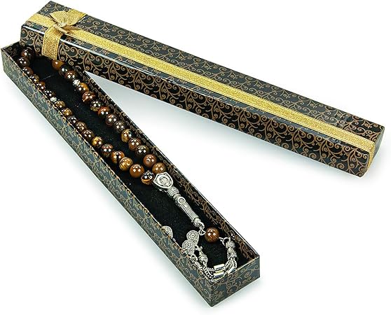 مسبحة إسلامية (8 مم – 33 حبة)، مسبحة إسلامية من الحجر الطبيعي، هدية رمضان، مسبحة إسلامية من عين النمر، لون بني.