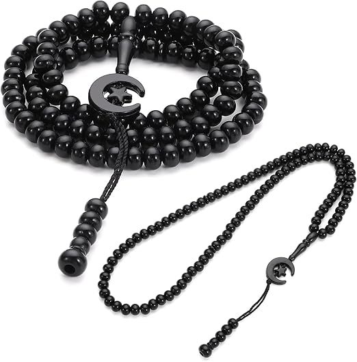 عبوة من سبحتين للصلاة، تسبيح إسلامي 99 حبة، سبحة صلاة إسلامية تحمل اسم الله ومحمد، قلادة إسلامية من 99 حبة، للجنسين (أسود)