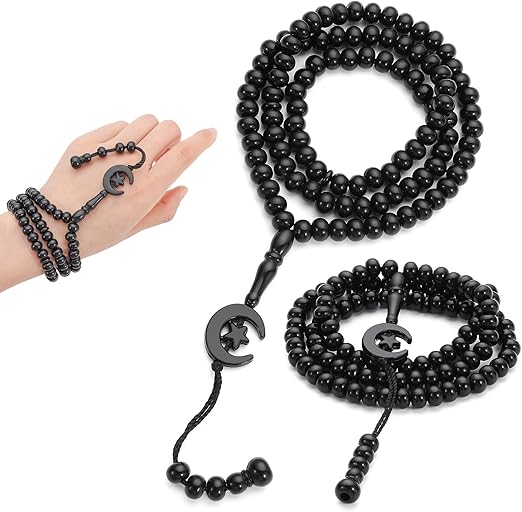 عبوة من سبحتين للصلاة، تسبيح إسلامي 99 حبة، سبحة صلاة إسلامية تحمل اسم الله ومحمد، قلادة إسلامية من 99 حبة، للجنسين (أسود)