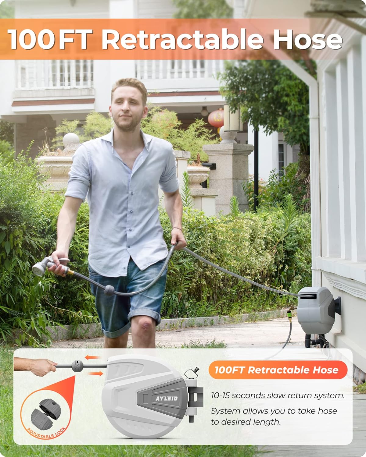 Garden Hose Reel with 9- Function Sprayer Nozzle