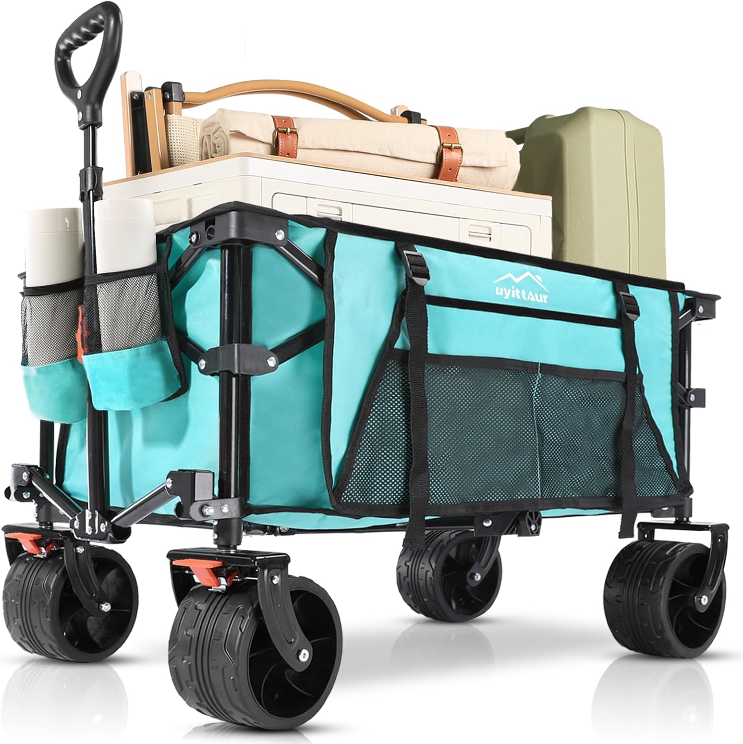 Collapsible Wagon Cart Heavy Duty Foldable. Folding Beach Wagon with Big Wheels for Sand. Utility Grocery Cart with Side Pocket and Brakes for Camping Sports Outdoor Activities. Black