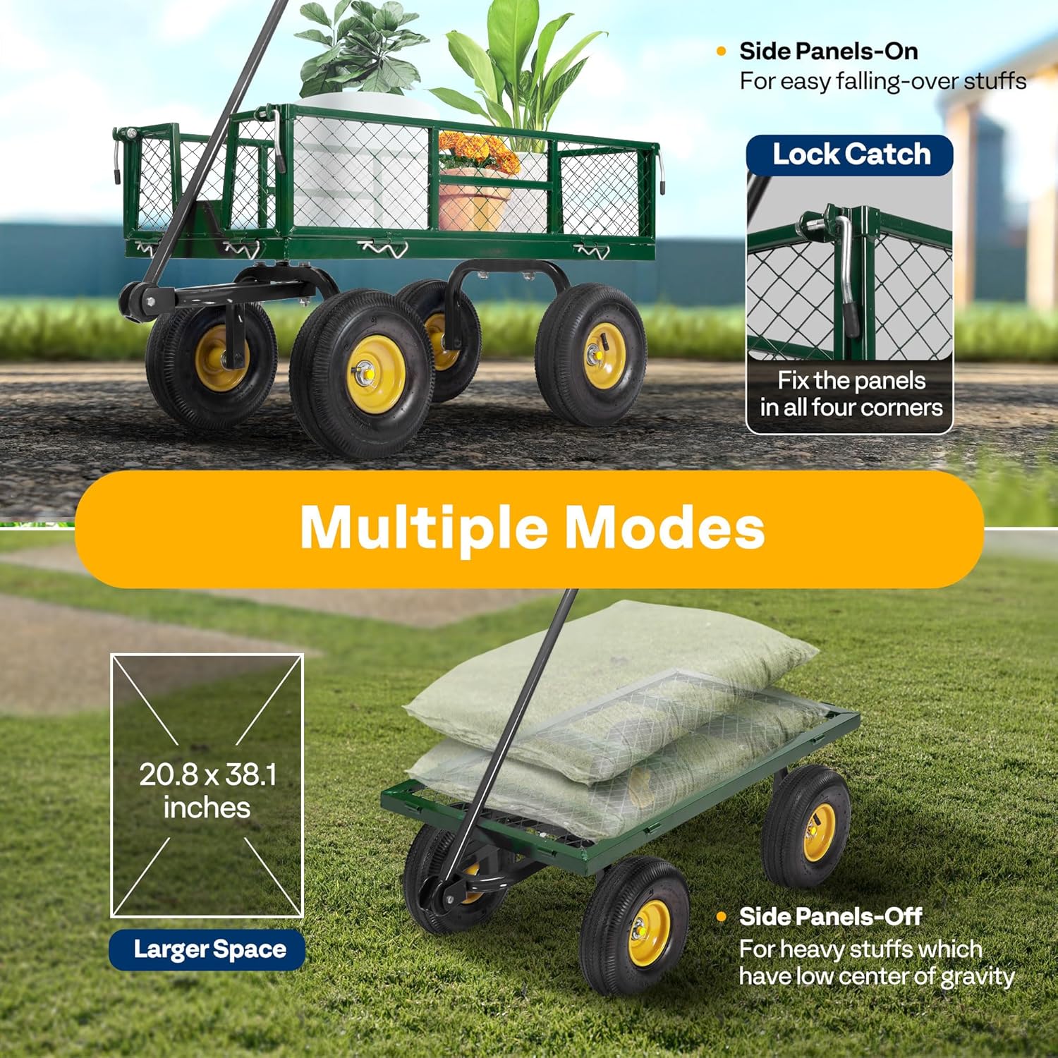 VIVOHOME Heavy Duty 880 Lbs Capacity Mesh Steel Garden Cart Folding Utility Wagon with Removable Sides and 4.10/3.50-4 Wheels 10 Inch Tire(Green)