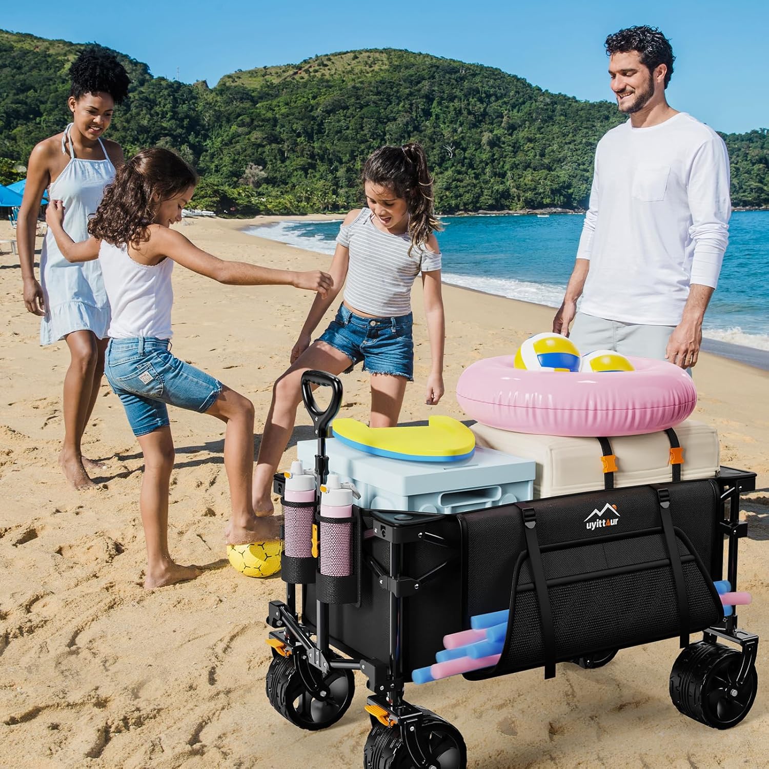 Collapsible Wagon Cart Heavy Duty Foldable. Folding Beach Wagon with Big Wheels for Sand. Utility Grocery Cart with Side Pocket and Brakes for Camping Sports Outdoor Activities. Black