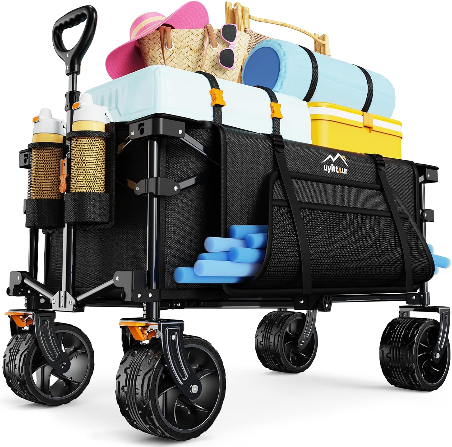 Collapsible Wagon Cart Heavy Duty Foldable. Folding Beach Wagon with Big Wheels for Sand. Utility Grocery Cart with Side Pocket and Brakes for Camping Sports Outdoor Activities. Black