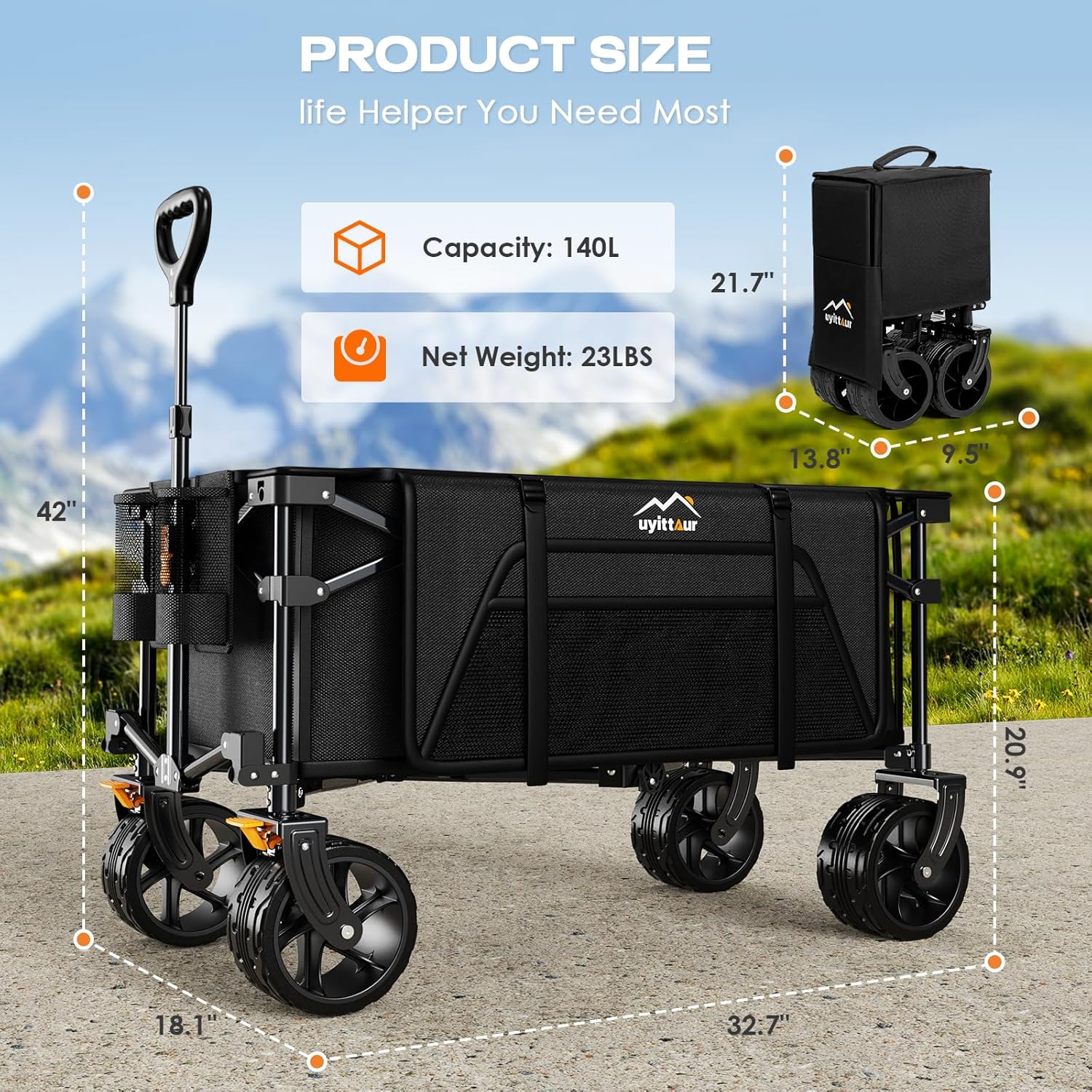 Collapsible Wagon Cart Heavy Duty Foldable. Folding Beach Wagon with Big Wheels for Sand. Utility Grocery Cart with Side Pocket and Brakes for Camping Sports Outdoor Activities. Black