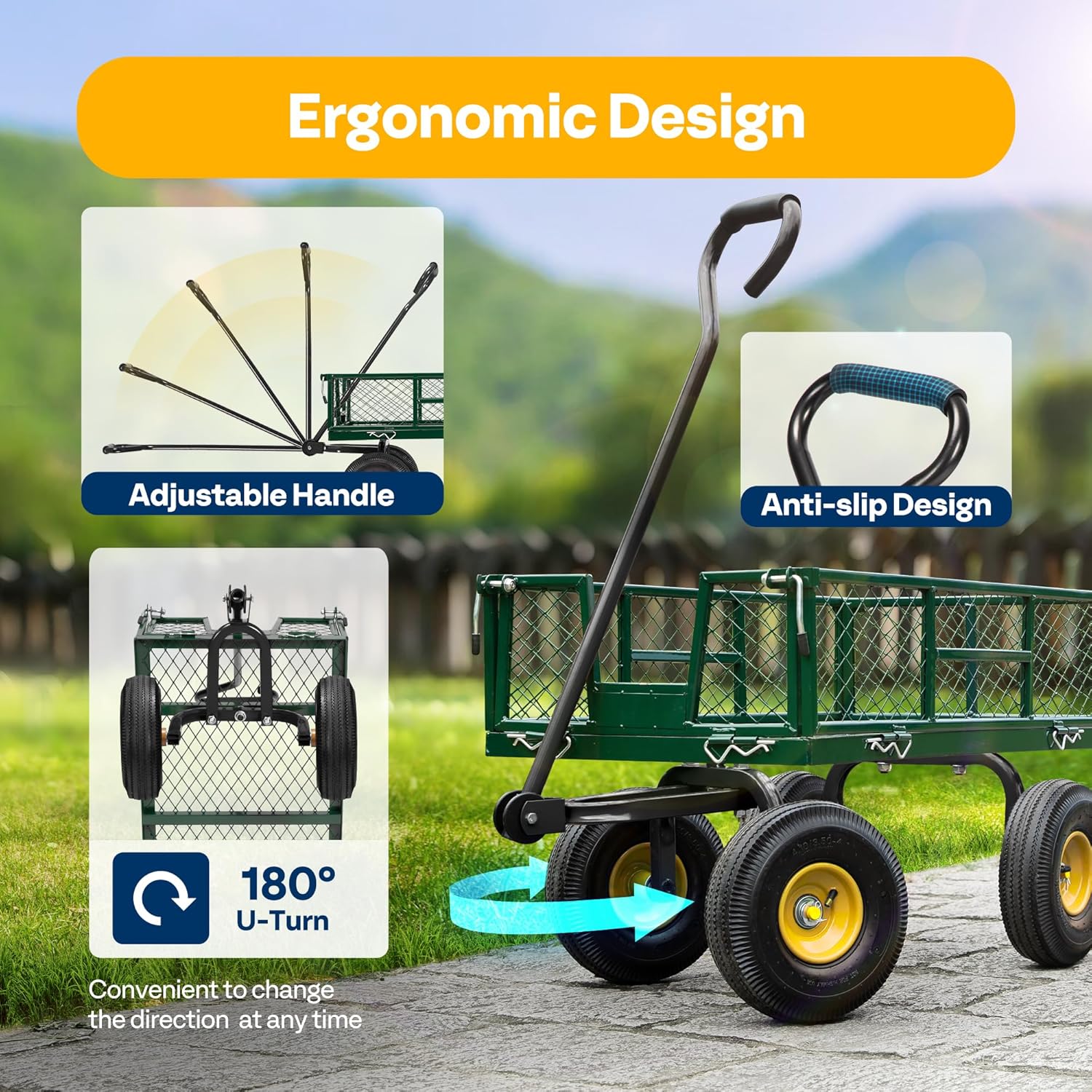 VIVOHOME Heavy Duty 880 Lbs Capacity Mesh Steel Garden Cart Folding Utility Wagon with Removable Sides and 4.10/3.50-4 Wheels 10 Inch Tire(Green)