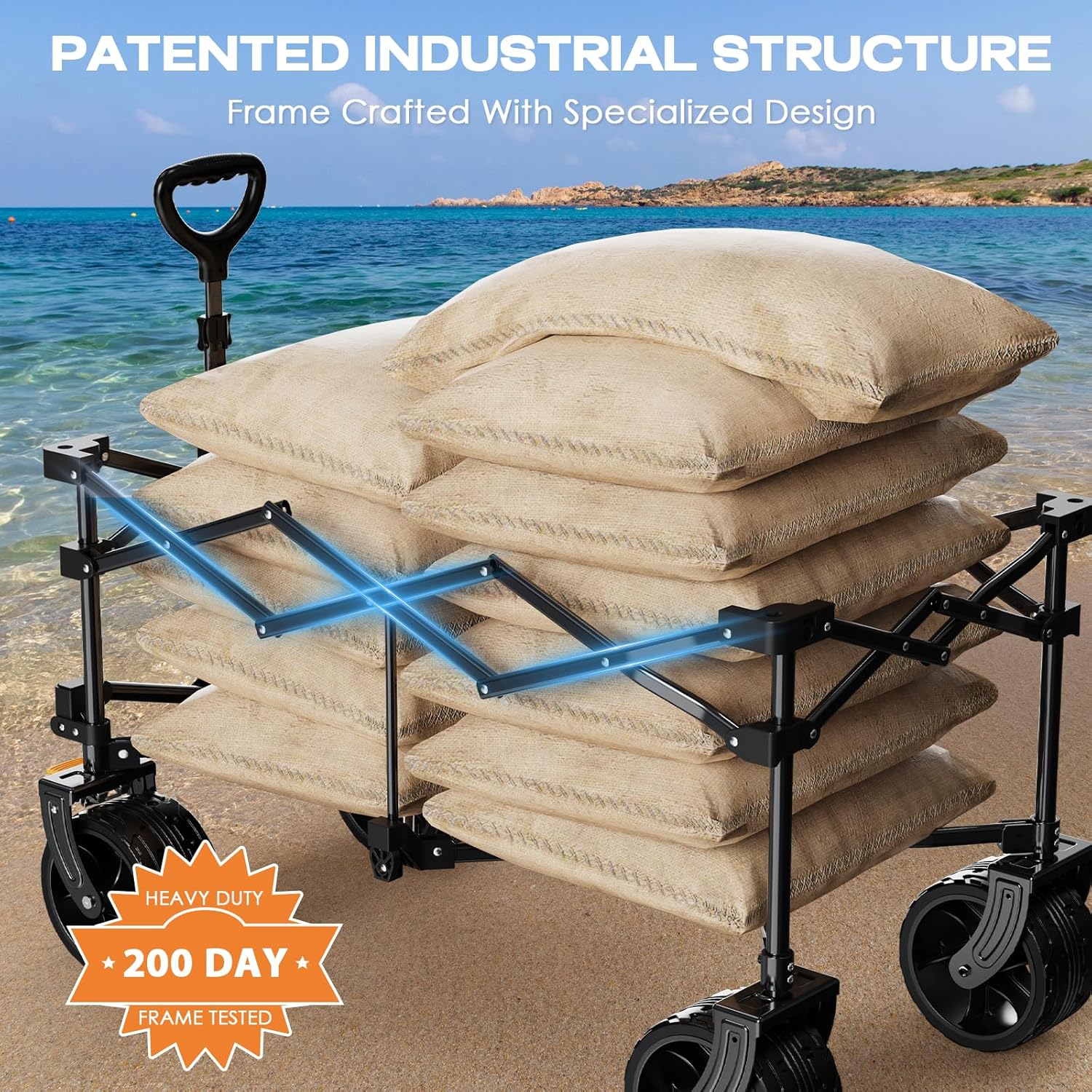 Collapsible Wagon Cart Heavy Duty Foldable. Folding Beach Wagon with Big Wheels for Sand. Utility Grocery Cart with Side Pocket and Brakes for Camping Sports Outdoor Activities. Black