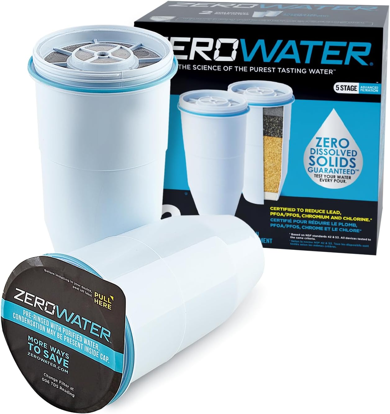 ZeroWater Official Replacement Filter - 5-Stage 0 TDS Filter Replacement - System IAPMO Certified to Reduce Lead. Chromium. and PFOA/PFOS. 2-Pack. White