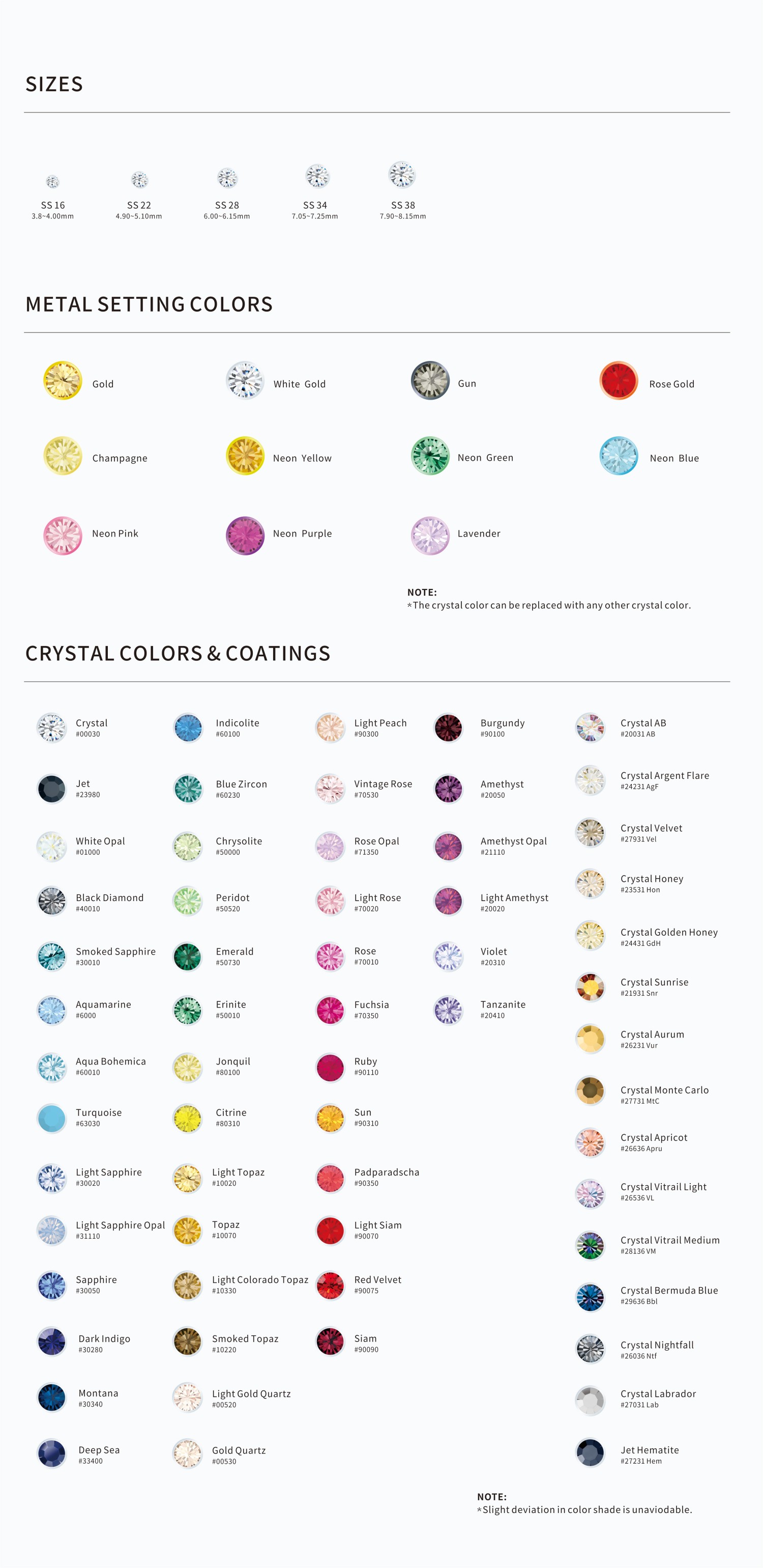 Snag-Proof Rhinestone Settings - size and color