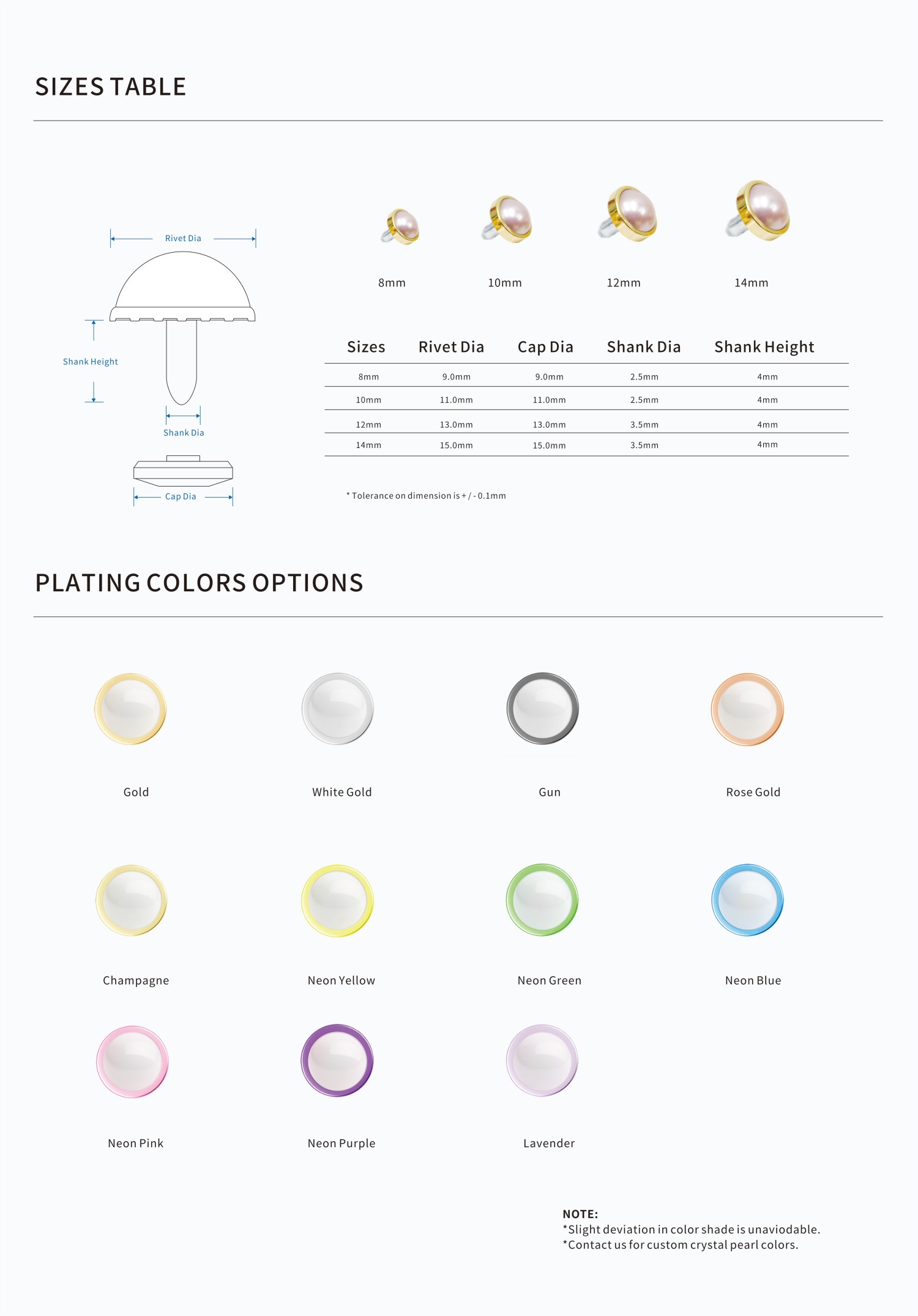 Flat Pearl Rivets - size and color chart