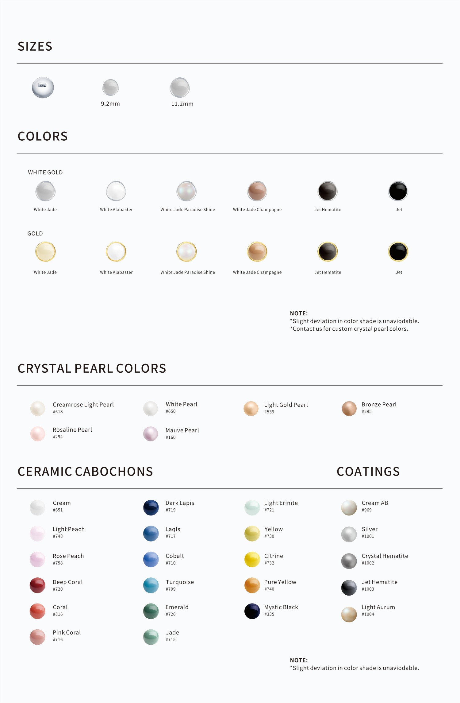 UB2250 Crystal Button - size and color options chart