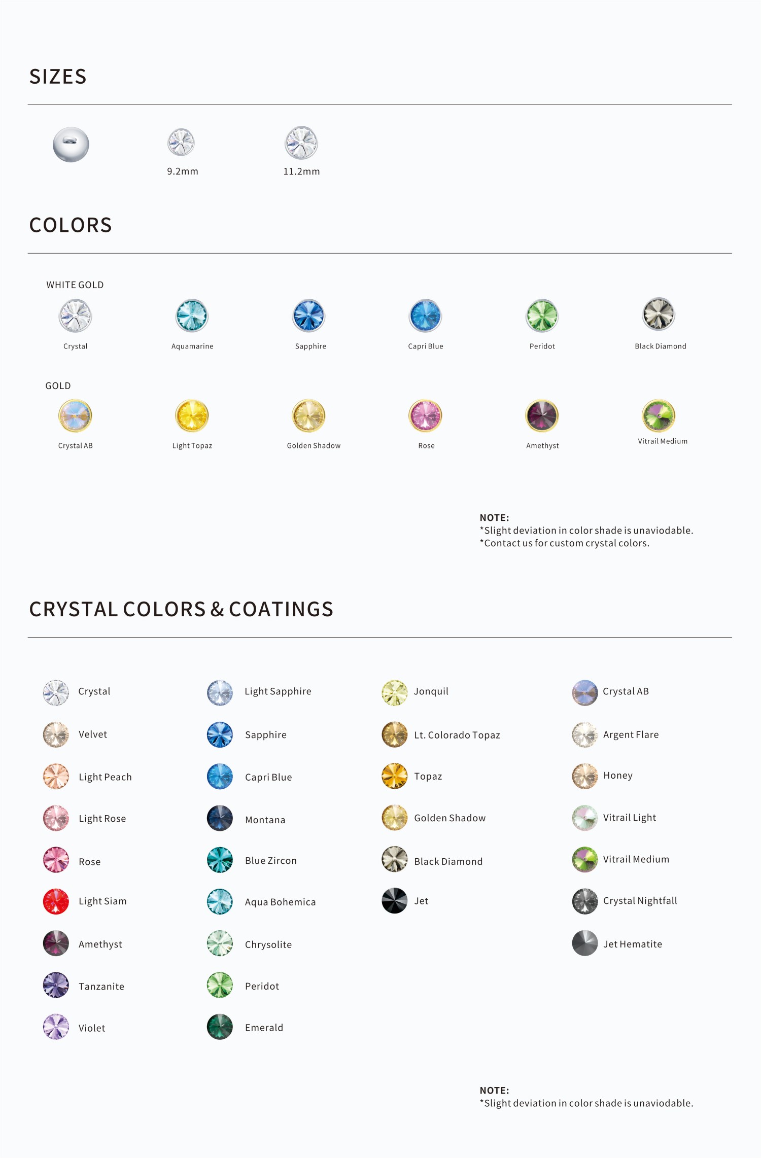 UB1122 Crystal Button - size and color options chart