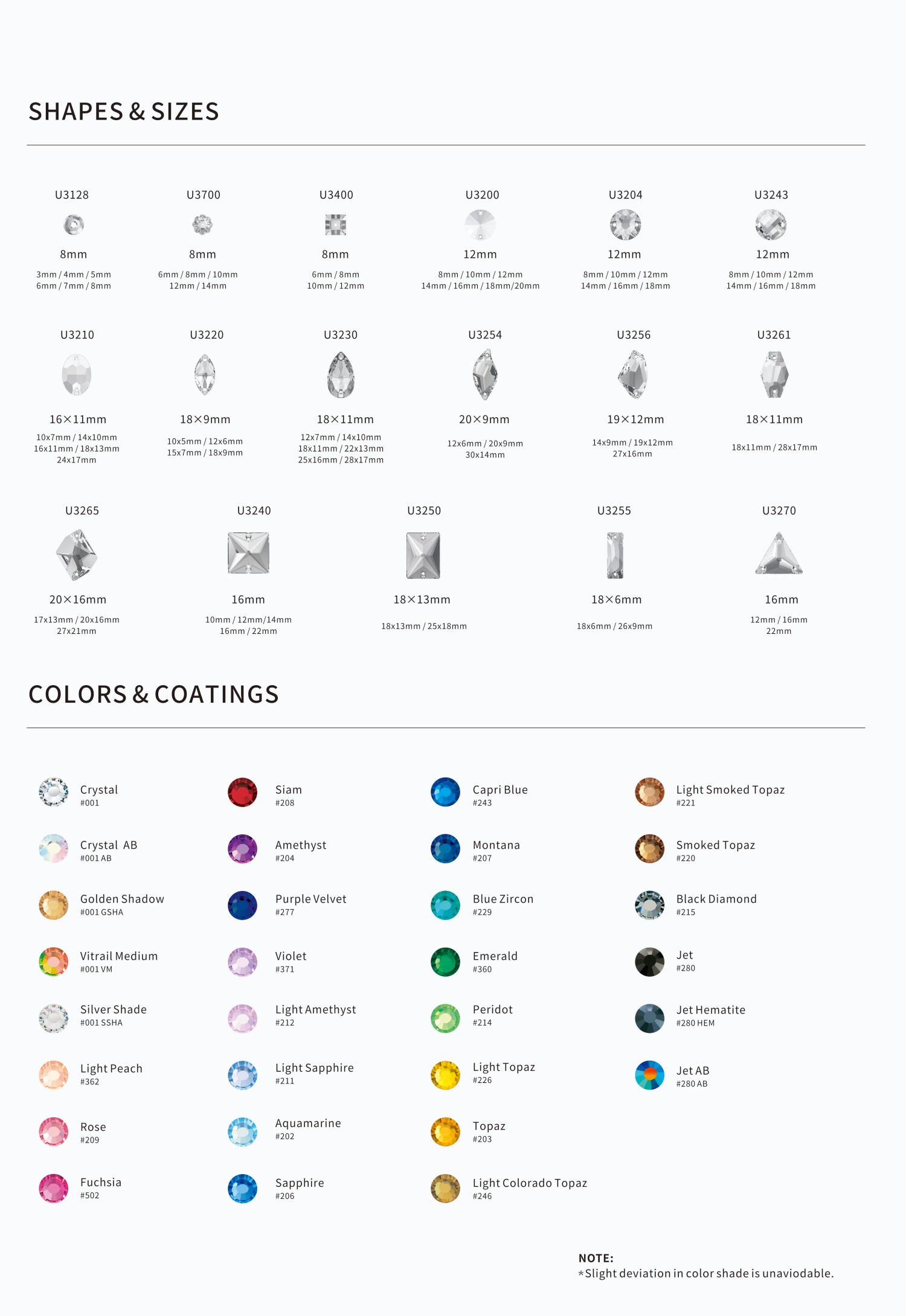 sew-on crystals size & color