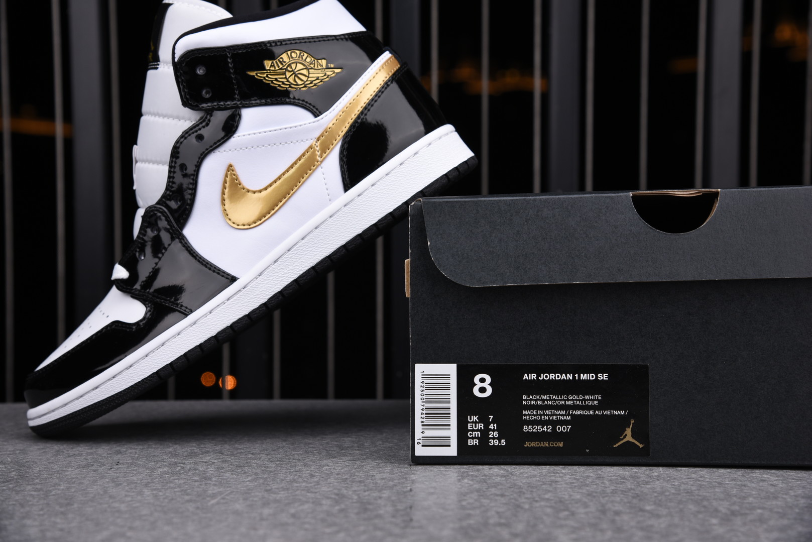 Jordan 1 Mid Patent Black White Gold