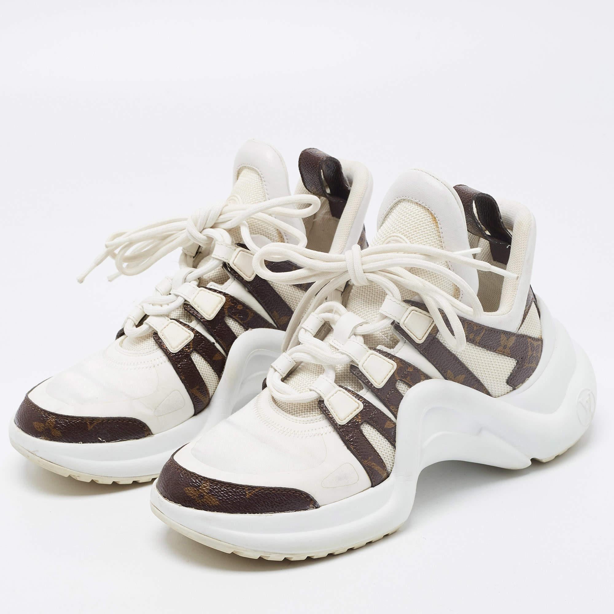 Louis Vuitton White/Brown Mesh and Monogram Canvas Archlight Sneakers