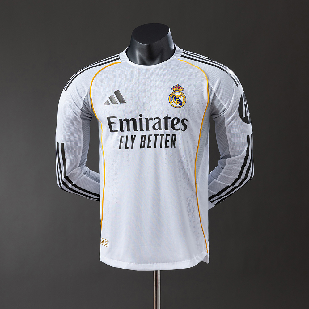Real Madrid 25/26 Home Long Sleeve Player Version Jersey – Replica Football Soccer Shirt – Size S–3XL