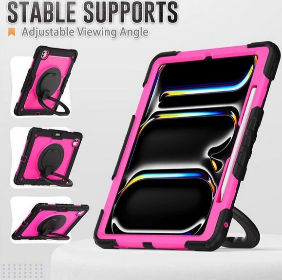 New iPad Pro 11 / 13 inch 2024 (M4) Ring Folding Stand Case-Black&RoseRed New - GreshamTech