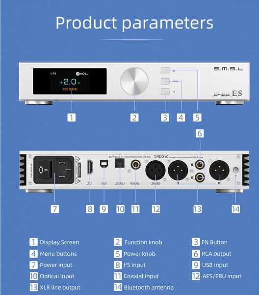 SMSL S.M.S.L Audio D400ES / D400 ES Audio high fidelity DAC DAP ES9039MSPRO - GreshamTech