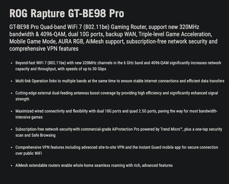 ROG Rapture GT-BE98 PRO Wilreless Router WIFI7 Quad-band WiFi 7 (802.11be) New - GreshamTech