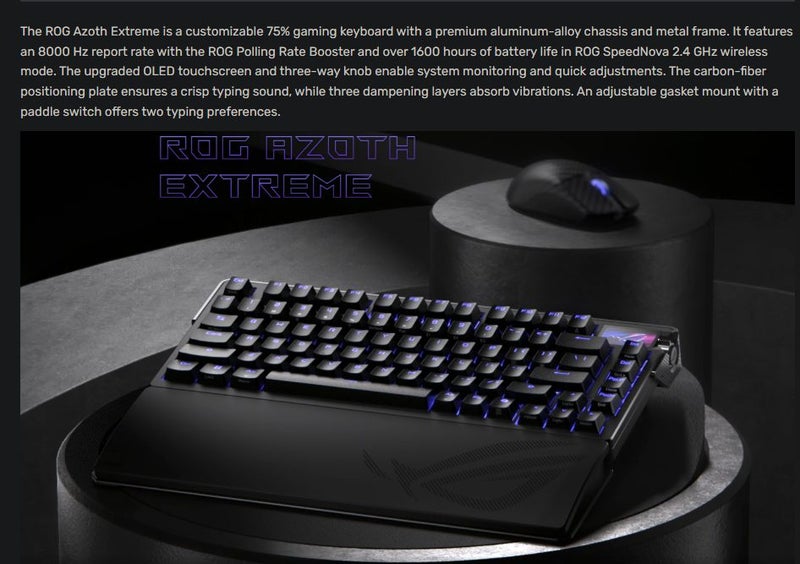 ASUS ROG AZOTH Extreme 75% Gaming Keyboard Wireless Mechanical Brand New - GreshamTech