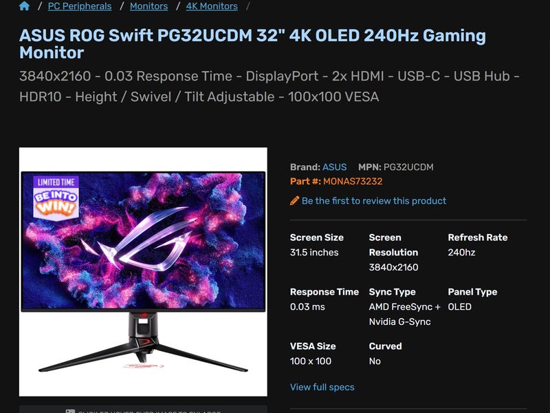 ASUS ROG PG32UCDM 32 inch 4K 240HZ QD OLED Monitor Display Brand New - GreshamTech