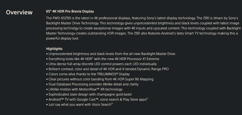 Sony 65 4K TV HDR Pro Bravia Display FWD-65Z9 Mini-LED 4000 nits Like New - GreshamTech