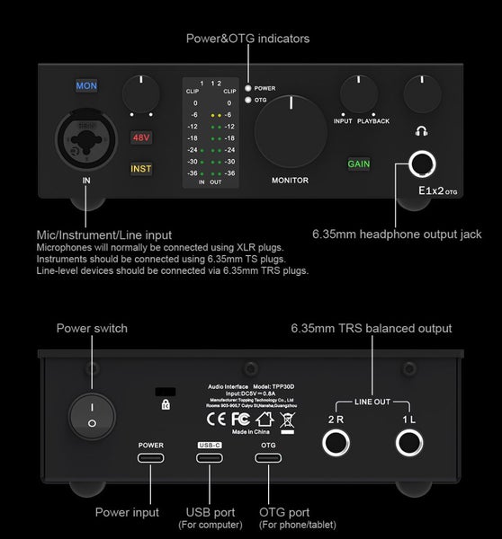 Topping E1x2 Audio Interface recording device USB Brand New - GreshamTech