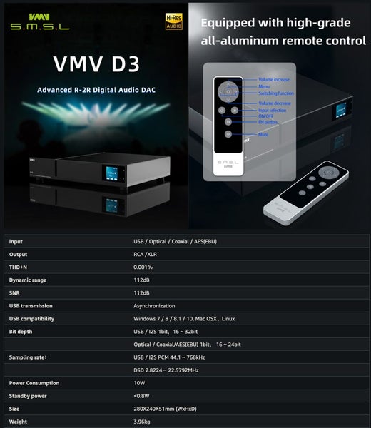 SMSL S.M.S.L VMV D3 Audio Balanced DAC High-end R-2R chip PCM1704U-J 7×OPA1612 - GreshamTech