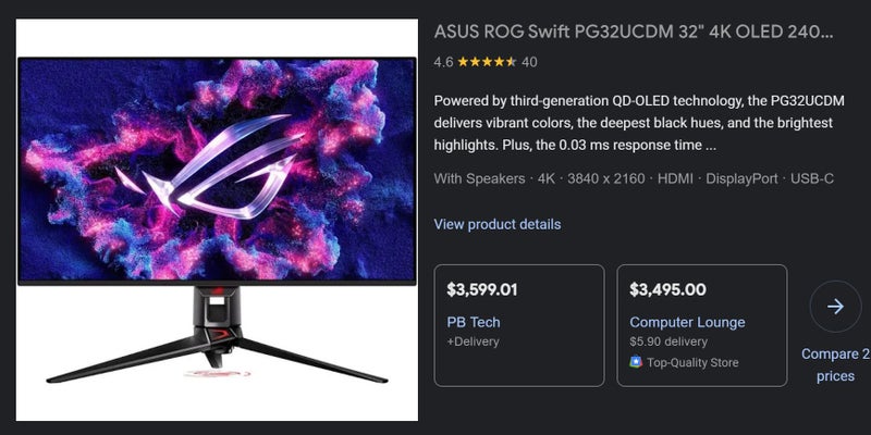 ASUS ROG PG32UCDM 32 inch 4K 240HZ QD OLED Monitor Display Brand New - GreshamTech