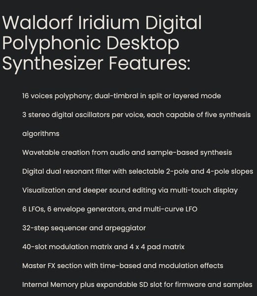 Waldorf Iridium Digital Polyphonic Desktop Synthesizer Brand New - GreshamTech