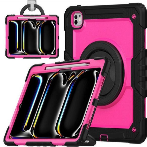 New iPad Pro 11 / 13 inch 2024 (M4) Ring Folding Stand Case-Black&RoseRed New - GreshamTech