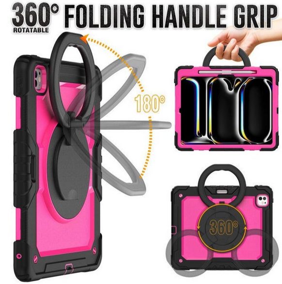 New iPad Pro 11 / 13 inch 2024 (M4) Ring Folding Stand Case-Black&RoseRed New - GreshamTech