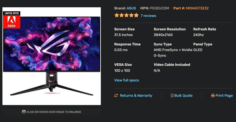 ASUS ROG PG32UCDMR 32 inch 4K 240HZ QD OLED Monitor Display Brand New - GreshamTech
