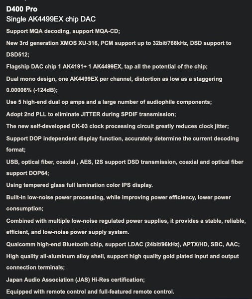 SMSL S.M.S.L Audio D400 Pro / D400Pro Audio high fidelity DAC DAP AK4499 New - GreshamTech