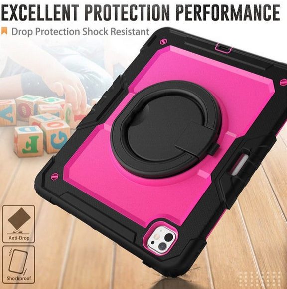 New iPad Pro 11 / 13 inch 2024 (M4) Ring Folding Stand Case-Black&RoseRed New - GreshamTech