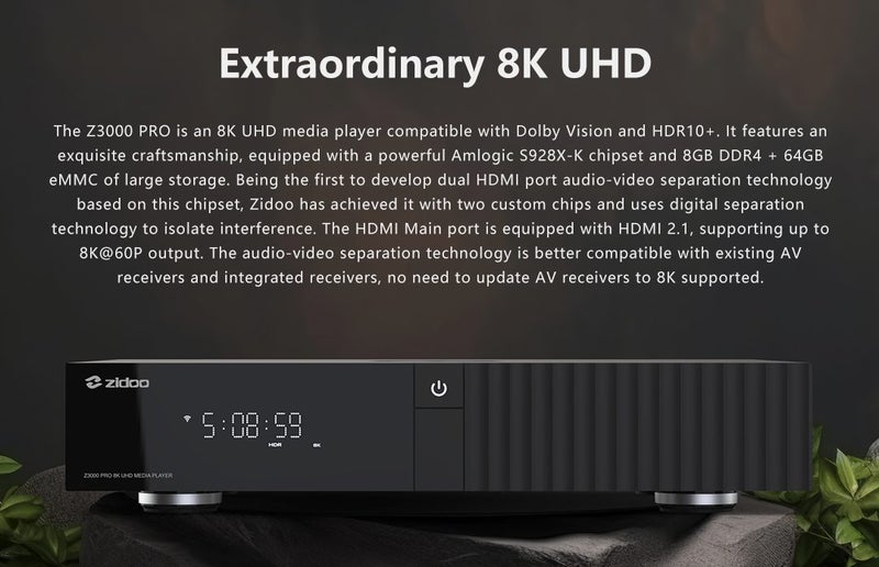 Zidoo Z3000Pro / Z3000 Pro 8K UHD HDD Media Player Brand New - GreshamTech