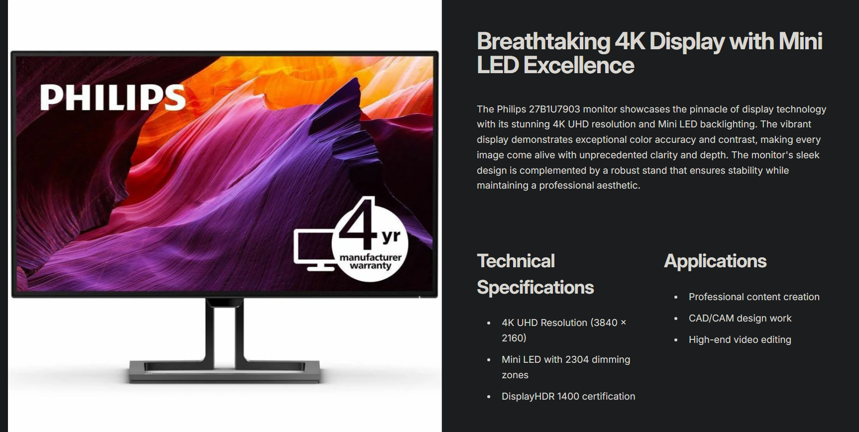 Philips 27B1U7903/00 Monitor 4K 2304 zones Mini LED Backlight and Thunderbolt 4 - GreshamTech