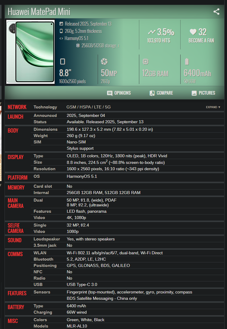 Huawei MatePad mini 12+256GB calling cellular Tablet 2.5K OLED Brand New - GreshamTech