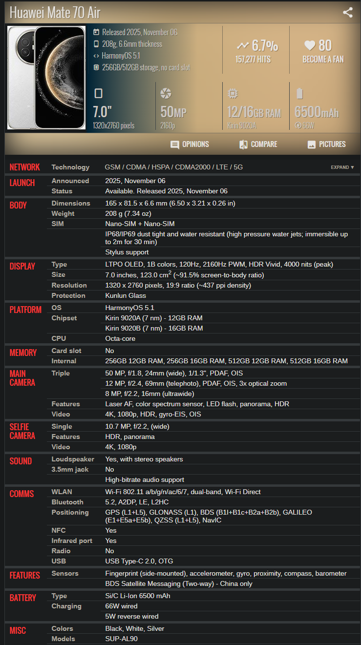 Huawei Mate70 Air 6.6mm thickness 12+512GB Brand New - GreshamTech