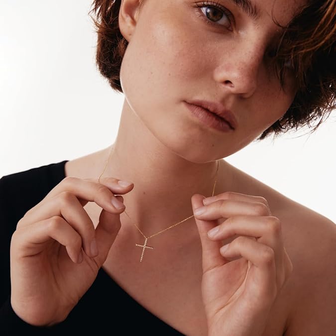 Diamond Pave Thin Cross Necklace 10K or 14K Solid Gold