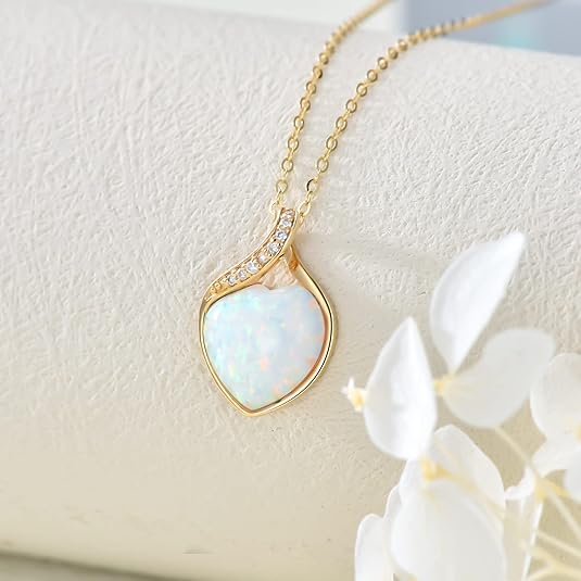 14k Solid Gold White Opal Necklace for Women Heart Shape Opal with Genuine Diamond Pendant Necklace Heart Necklace Opal Jewelry Diamond Jewelry Gifts 16