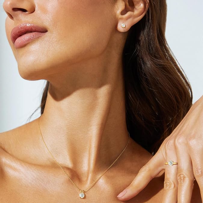 Diamond Necklace Certified LAB GROWN Round Diamond Solitaire Necklaces for Women 0.5-1CT 14K Gold Plated Sterling Silver 4 Prong Created Pendant Jewelry (I-J Color, S1-VS2 Clarity)
