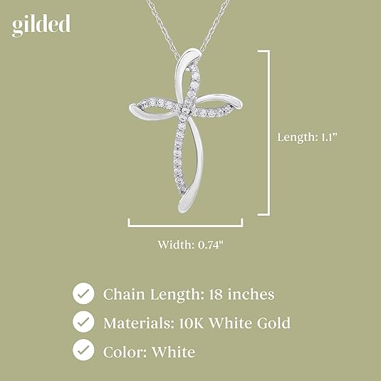 GILDED 10K White Gold Necklace for Women with Natural Round-Cut Diamond and Swirl Cross Pendant-Necklace, 18