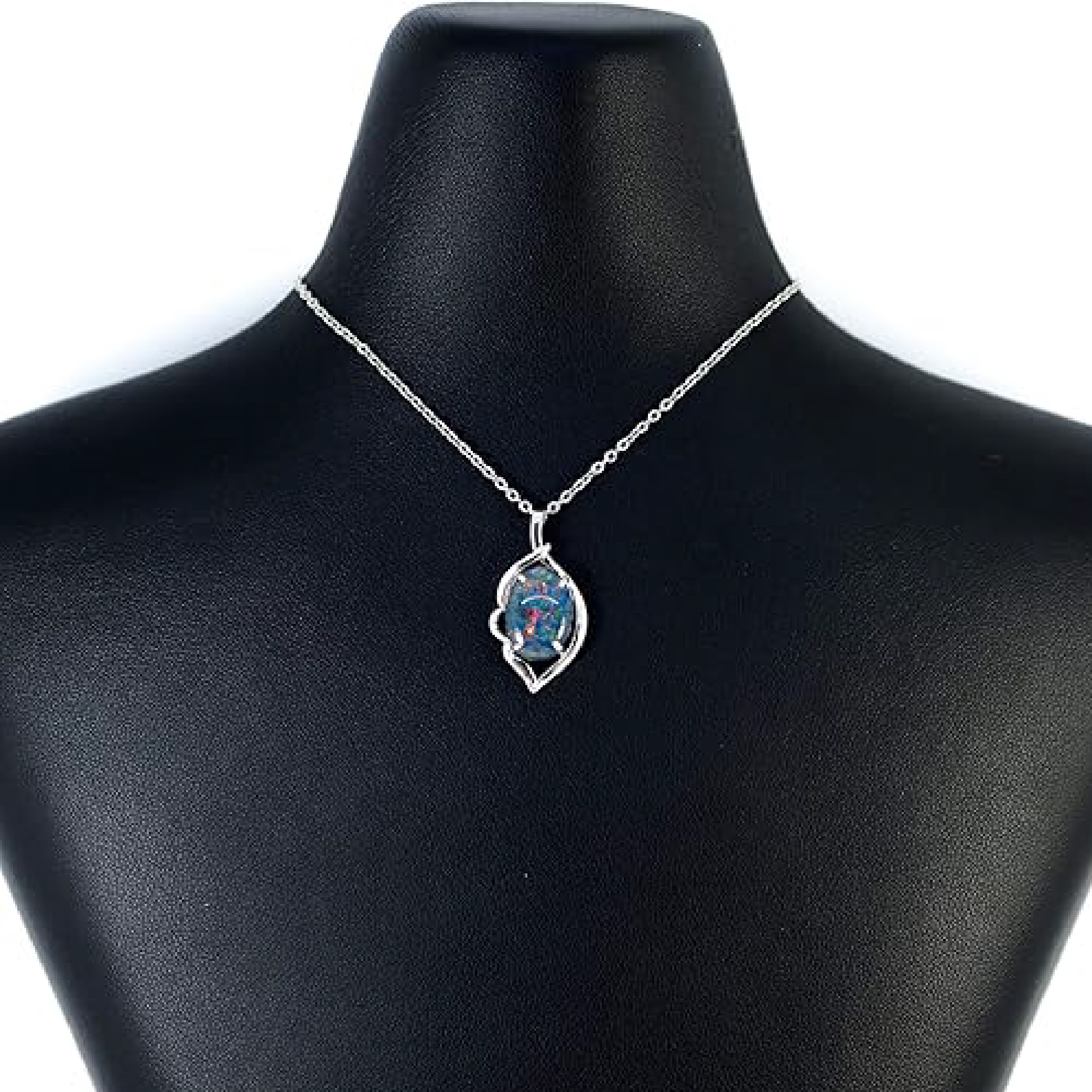 Australian Triplet Opal Necklace - 14x10mm FireOpal - Genuine Triplets Opal Necklace Pendant in Sterling Silver White Gold Plated Women's Jewelry