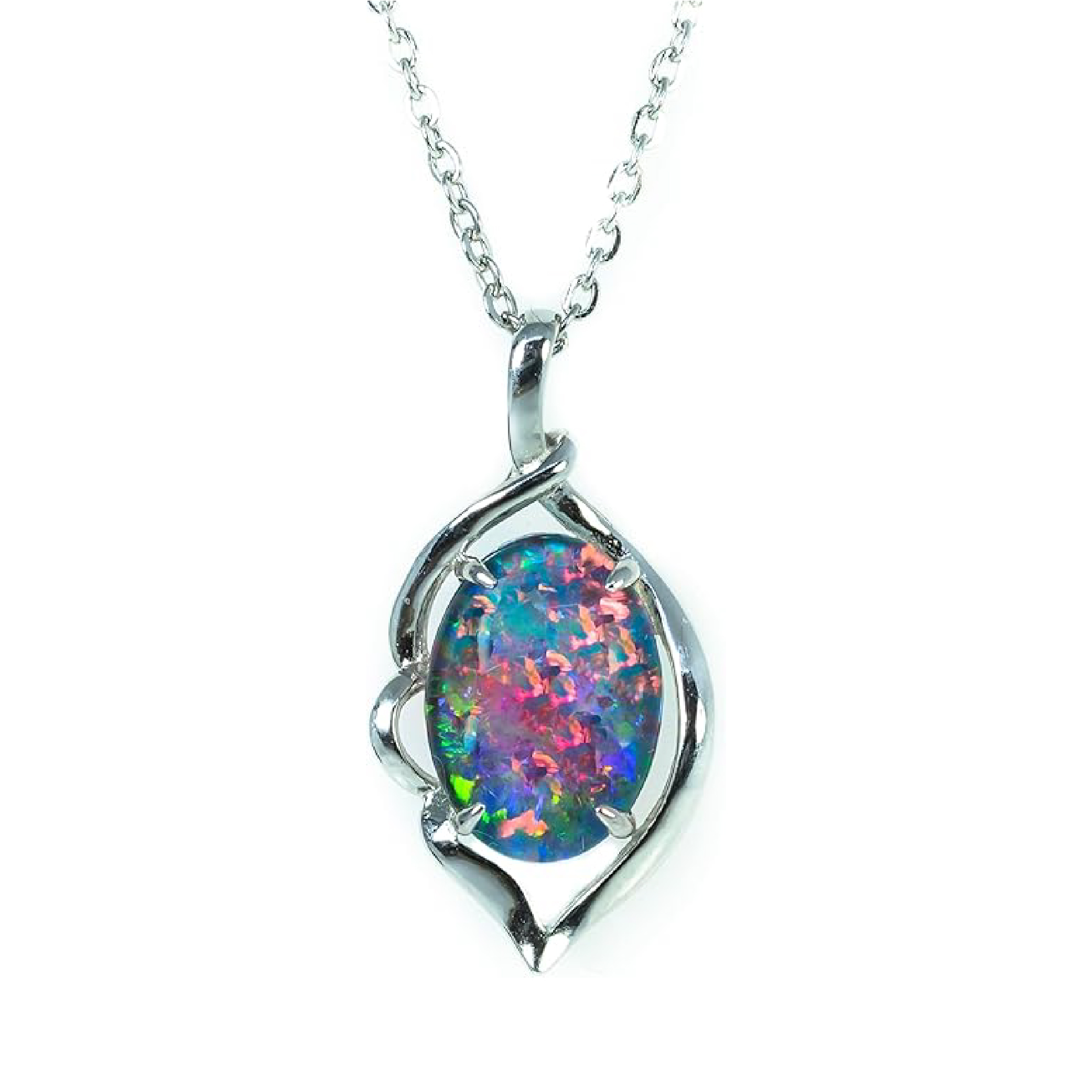 Australian Triplet Opal Necklace - 14x10mm FireOpal - Genuine Triplets Opal Necklace Pendant in Sterling Silver White Gold Plated Women's Jewelry