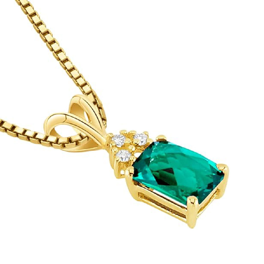 14K Yellow Gold Created Emerald with Genuine Diamond Pendant for Women, Elegant Solitaire, Radiant Cut, 7x5mm, 1 Carat total, Green Emerald Jewelry, May Birthstone, w/Jewelry Box