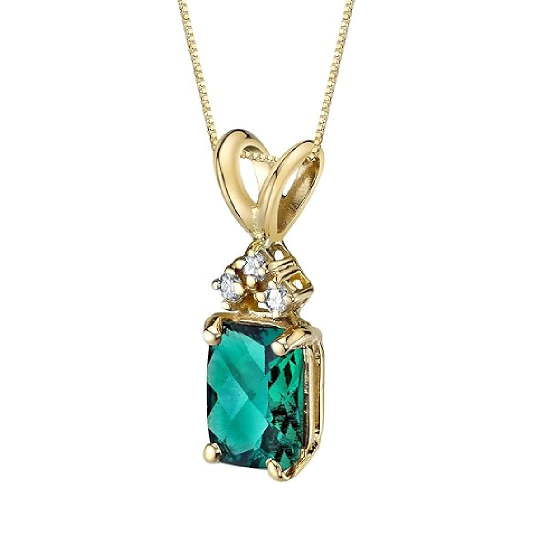 14K Yellow Gold Created Emerald with Genuine Diamond Pendant for Women, Elegant Solitaire, Radiant Cut, 7x5mm, 1 Carat total, Green Emerald Jewelry, May Birthstone, w/Jewelry Box